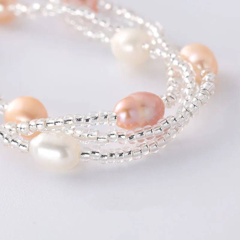 Genuine Pink, Purple & White Freshwater Pearl Multilayer Mini Bead Bracelet