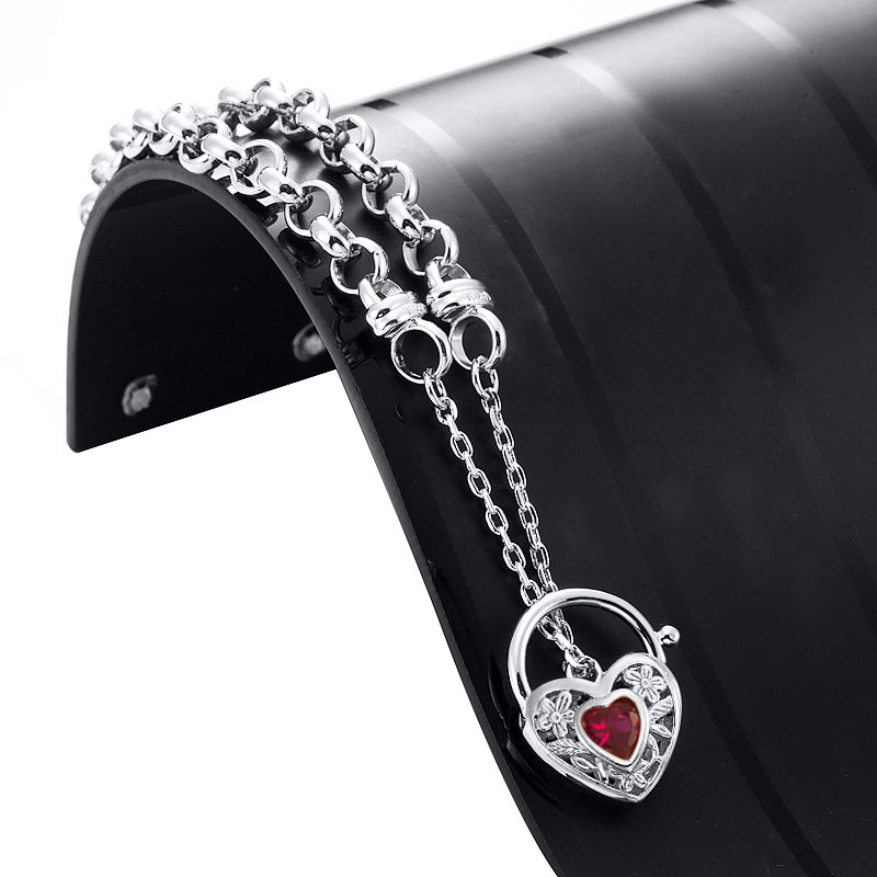 925 Sterling Silver Plated 6mm Belcher Chain Bracelet with a Red Filigree Locket - USA Made