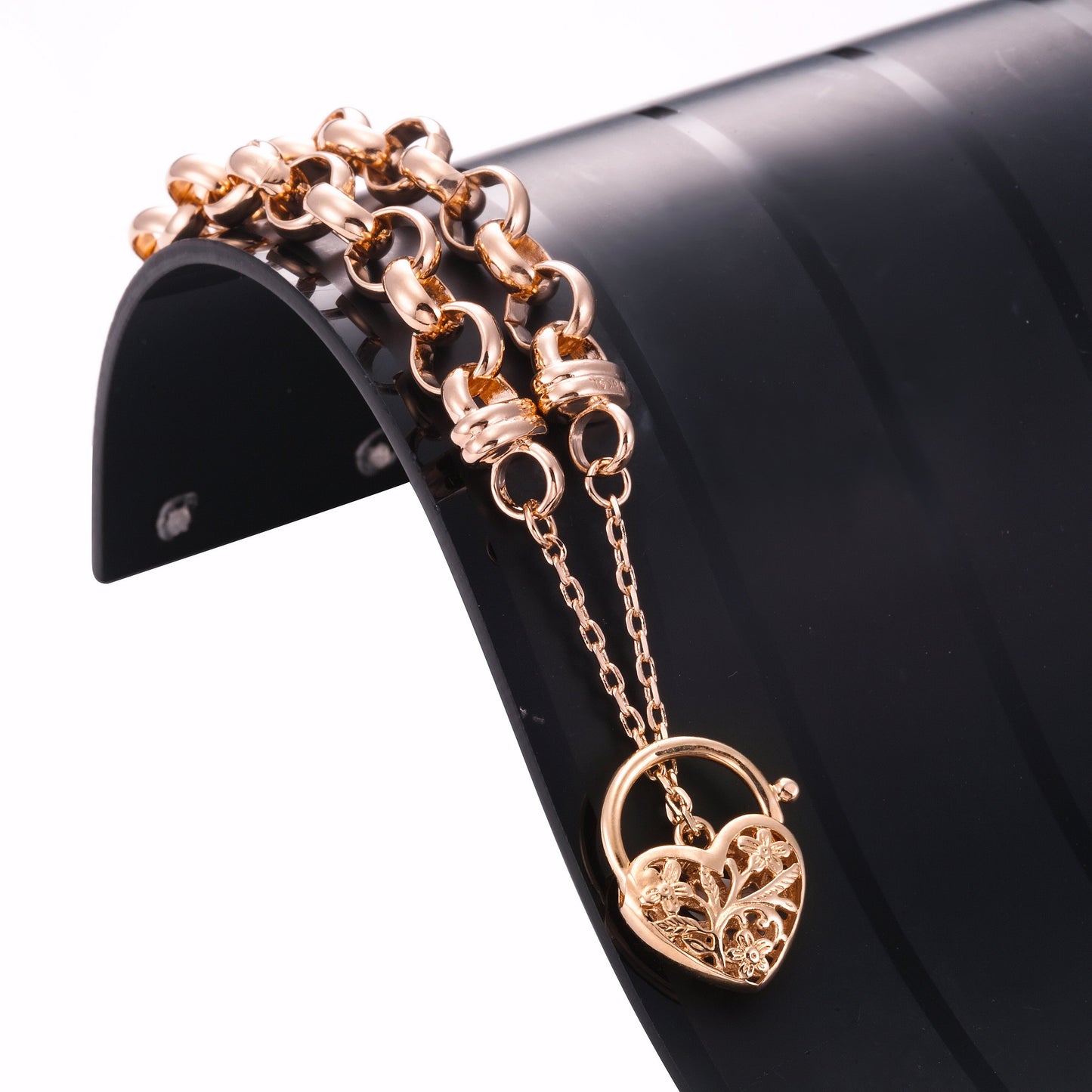 Belcher-Armband, 18 Karat schwer, rosévergoldet, 10 mm, mit filigranem Medaillon, hergestellt in den USA