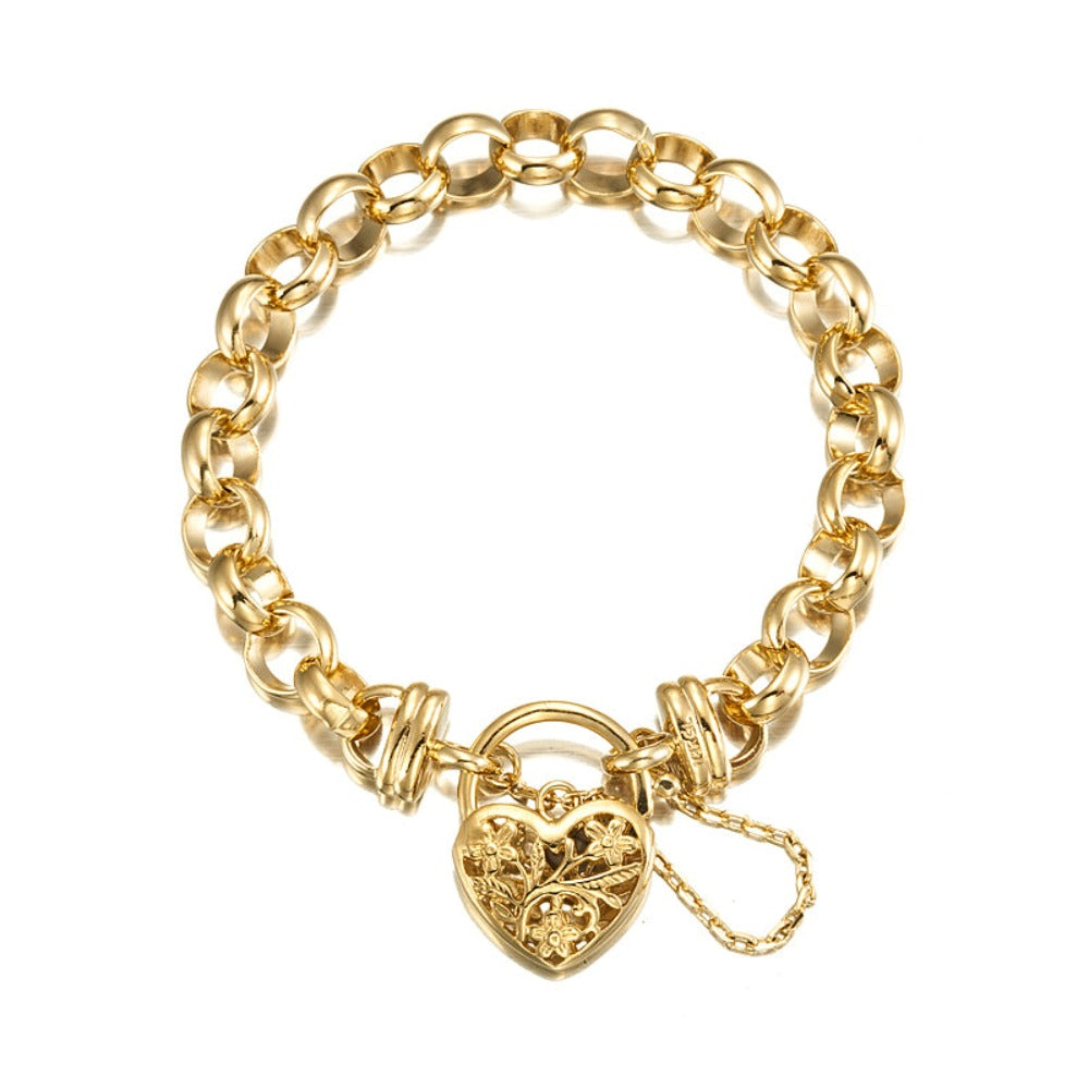 Pulsera Belcher de 10 mm chapada en oro amarillo pesado de 18 quilates con un relicario de filigrana - Fabricada en EE. UU.
