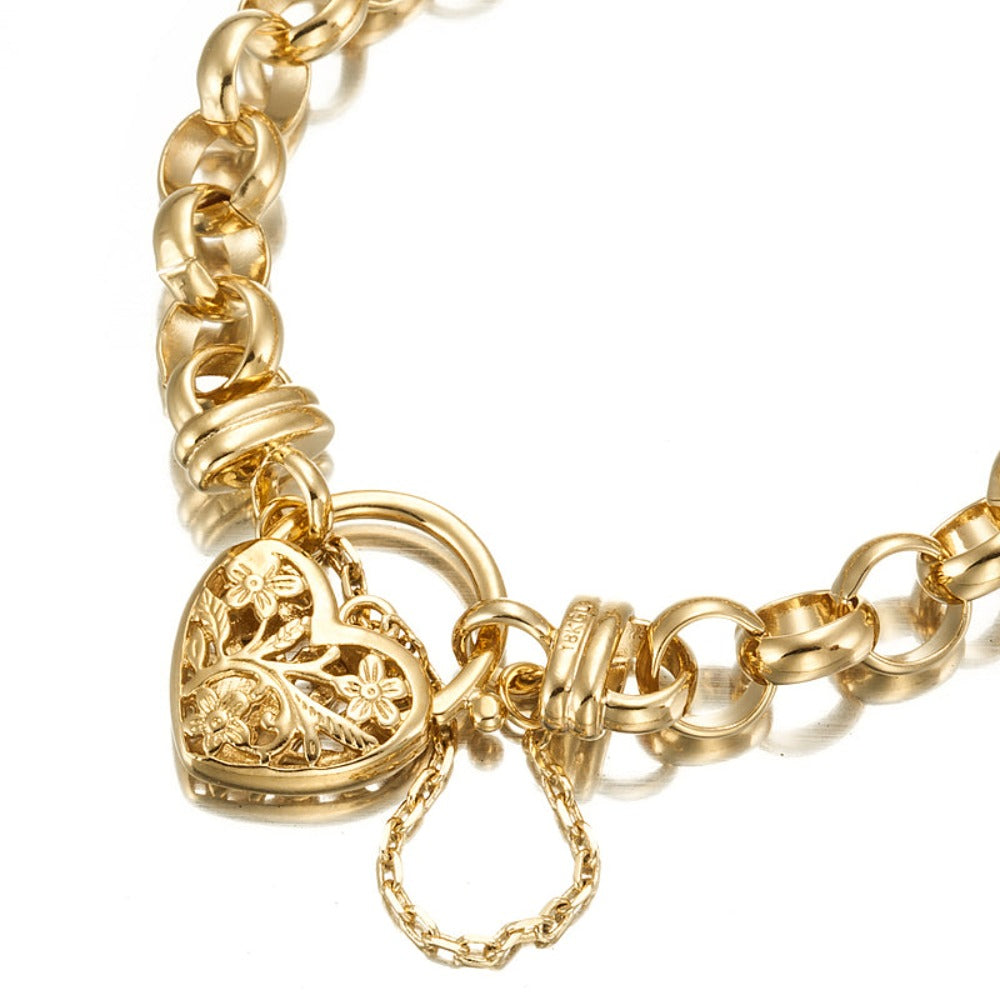Pulsera Belcher de 10 mm chapada en oro amarillo pesado de 18 quilates con un relicario de filigrana - Fabricada en EE. UU.