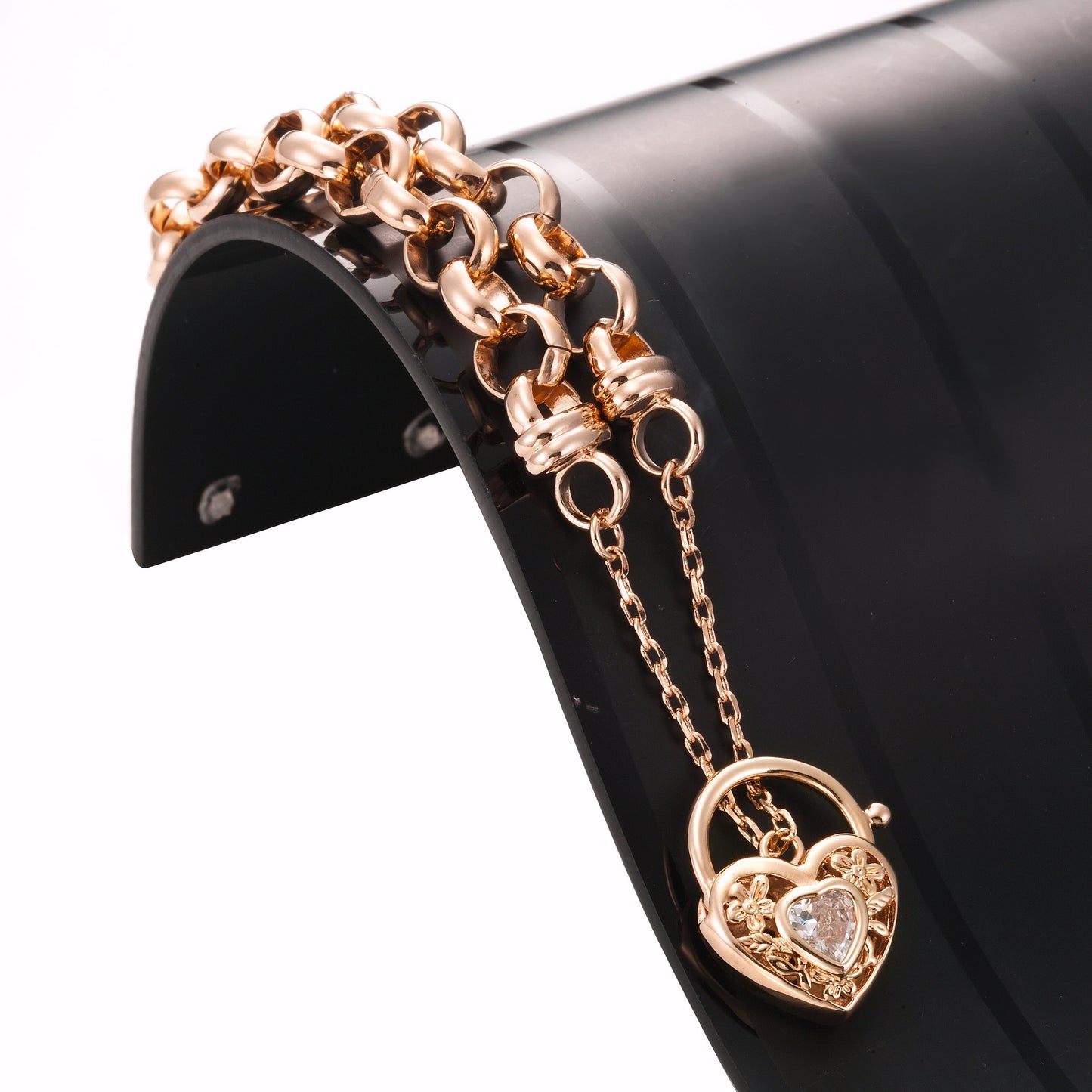 18ct Heavy Rose Gold Plated 10mm Belcher Chain Bracelet with a Filigree Locket Featuring a Simulated Diamond - USA Made