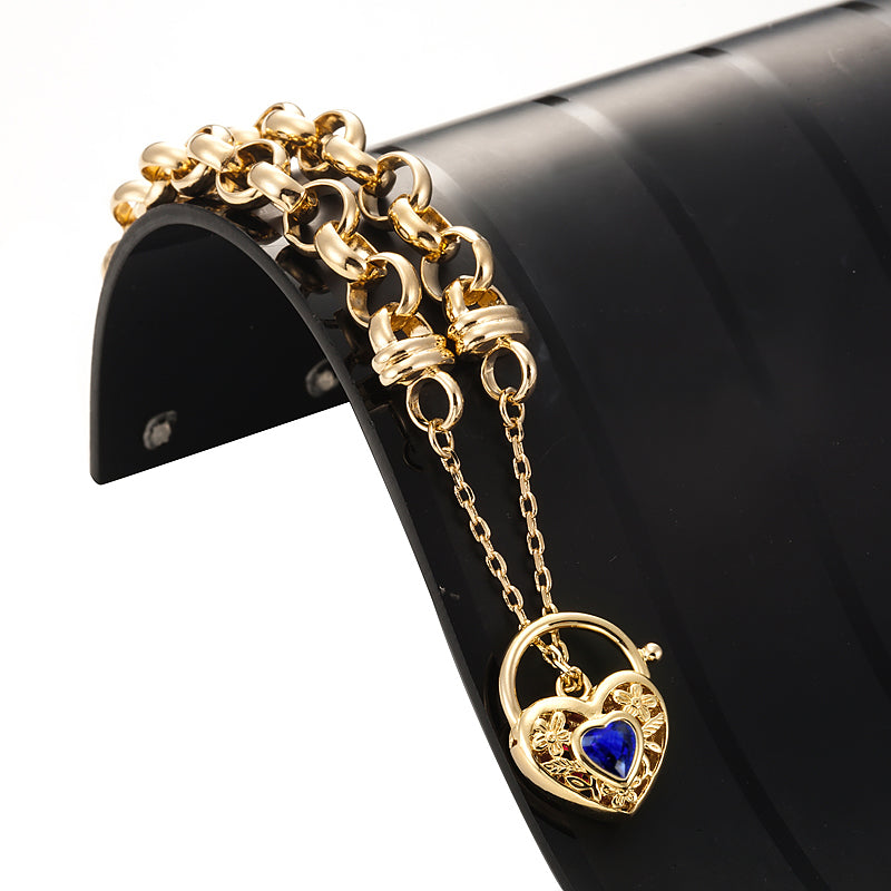 18ct Heavy Yellow Gold Plated 10mm Belcher Chain Bracelet with a Dark Blue Filigree Locket - USA Made