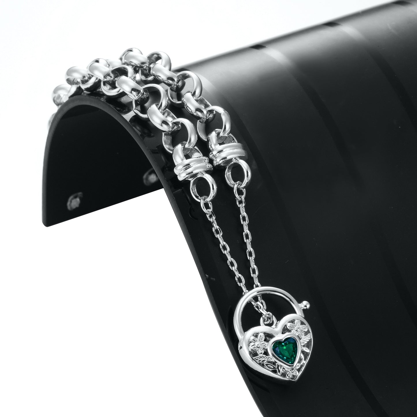 925 Sterling Silver Plated 10mm Belcher Chain Bracelet with a Green Filigree Locket - USA Made