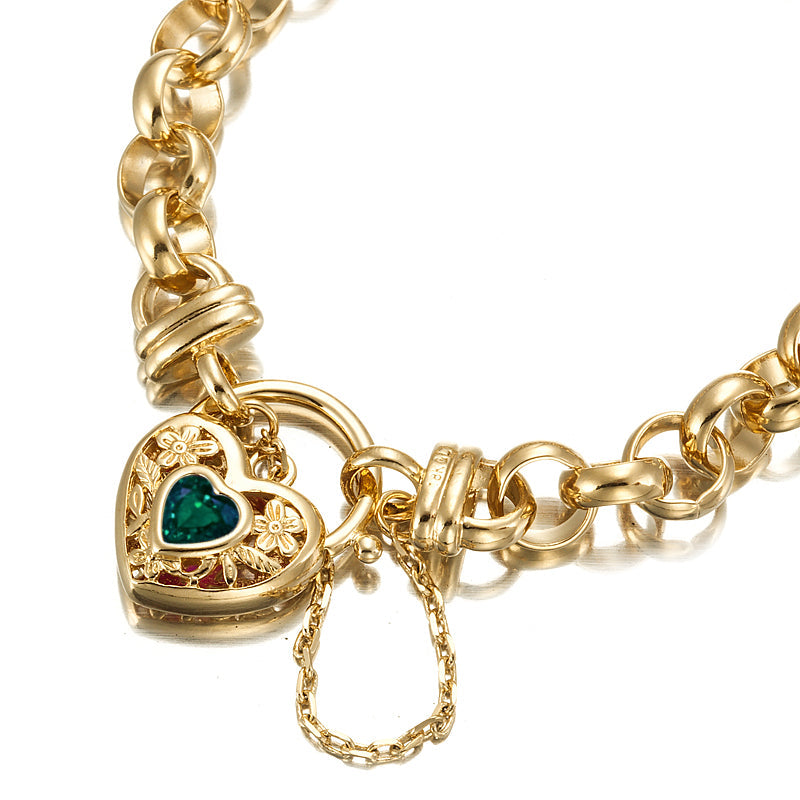 18ct Heavy Yellow Gold Plated 10mm Belcher Chain Bracelet with a Green Filigree Locket - USA Made