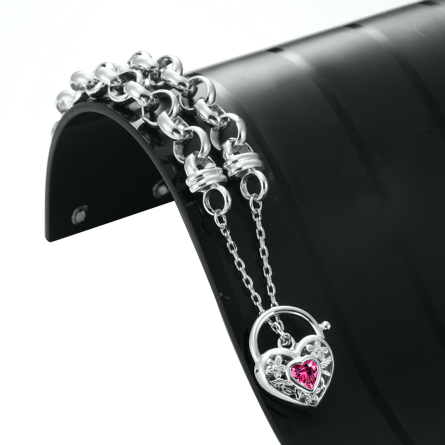 925 Sterling Silver Plated 10mm Belcher Chain Bracelet with a Pink Filigree Locket - USA Made