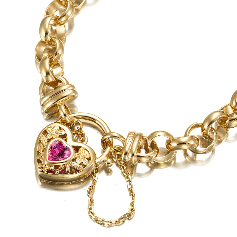 18ct Heavy Yellow Gold Plated 10mm Belcher Chain Bracelet with a Pink Filigree Locket - USA Made