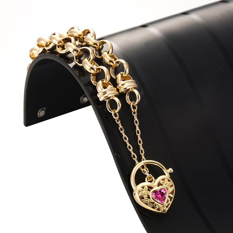 18ct Heavy Yellow Gold Plated 10mm Belcher Chain Bracelet with a Pink Filigree Locket - USA Made