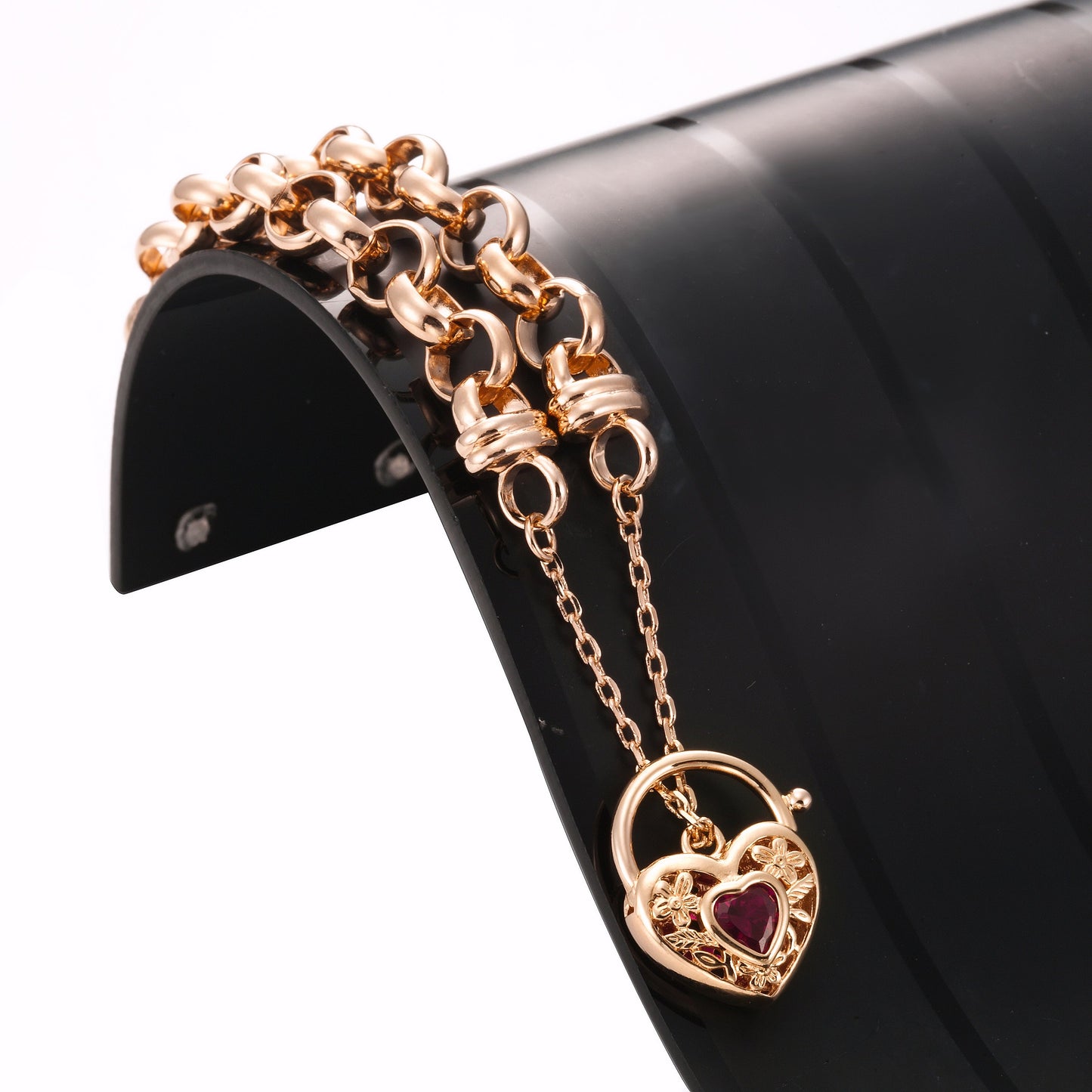 18ct Heavy Rose Gold Plated 10mm Belcher Chain Bracelet with a Filigree Locket Featuring a Simulated Ruby - USA Made