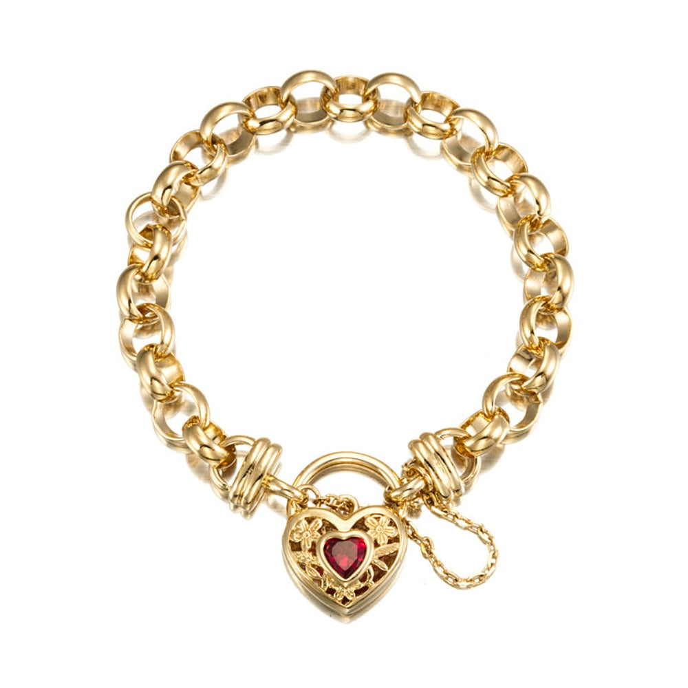 18ct Heavy Yellow Gold Plated 10mm Belcher Chain Bracelet with a Filigree Locket Featuring a Simulated Ruby - USA Made