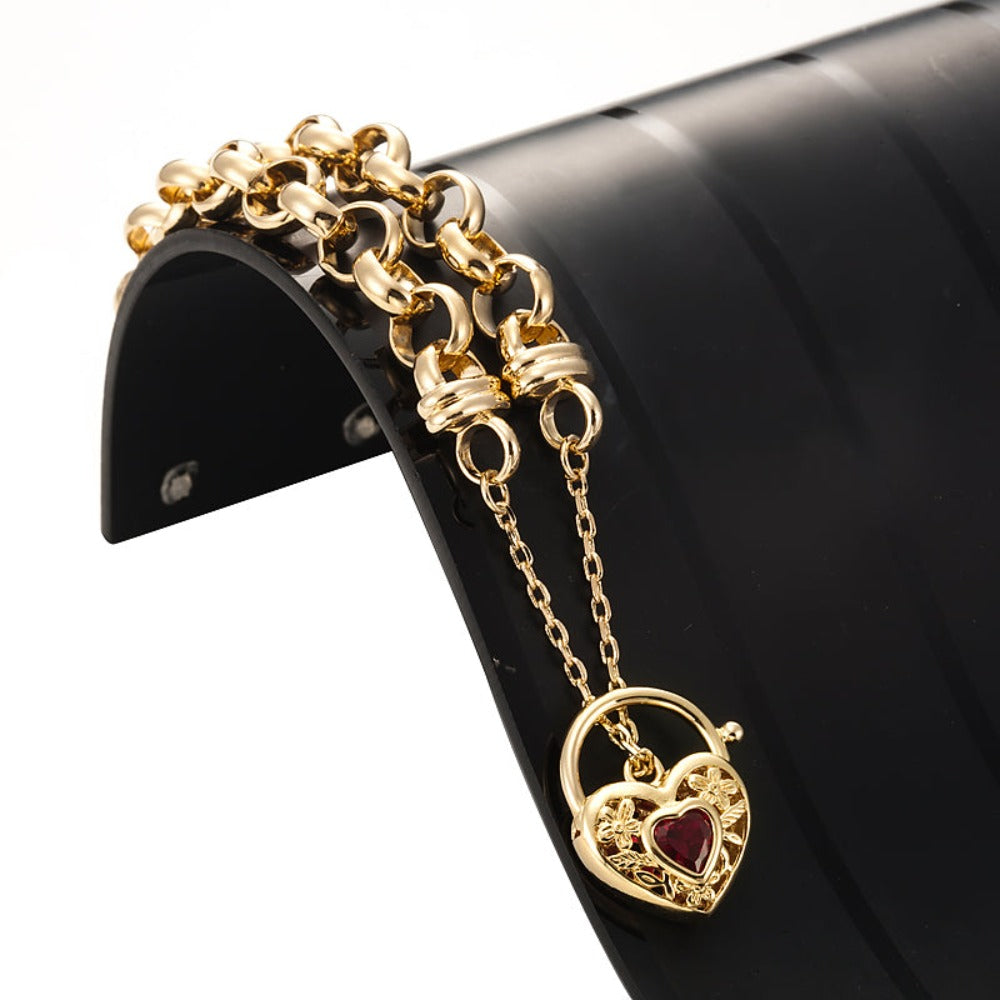 18ct Heavy Yellow Gold Plated 10mm Belcher Chain Bracelet with a Filigree Locket Featuring a Simulated Ruby - USA Made