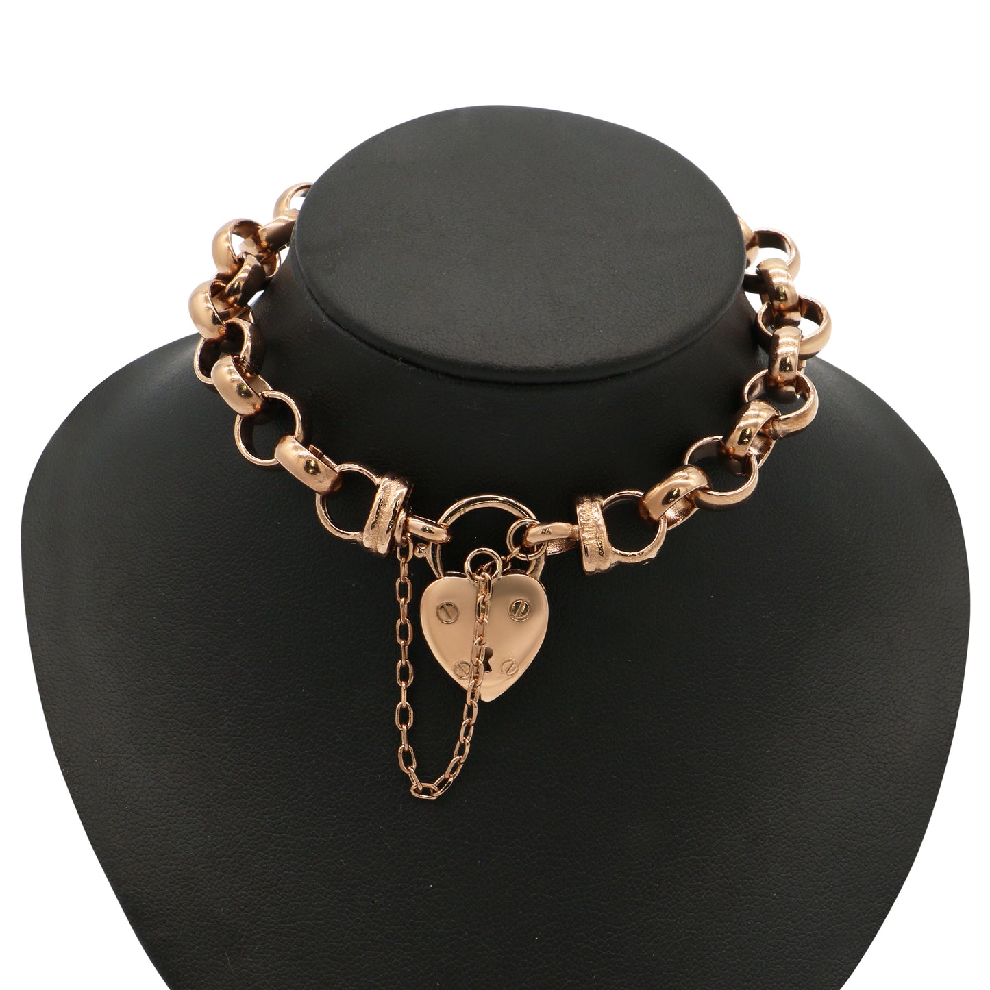 18ct Heavy Rose Gold Plated 10mm Belcher Chain Bracelet with a Plain Heart Locket - USA Made