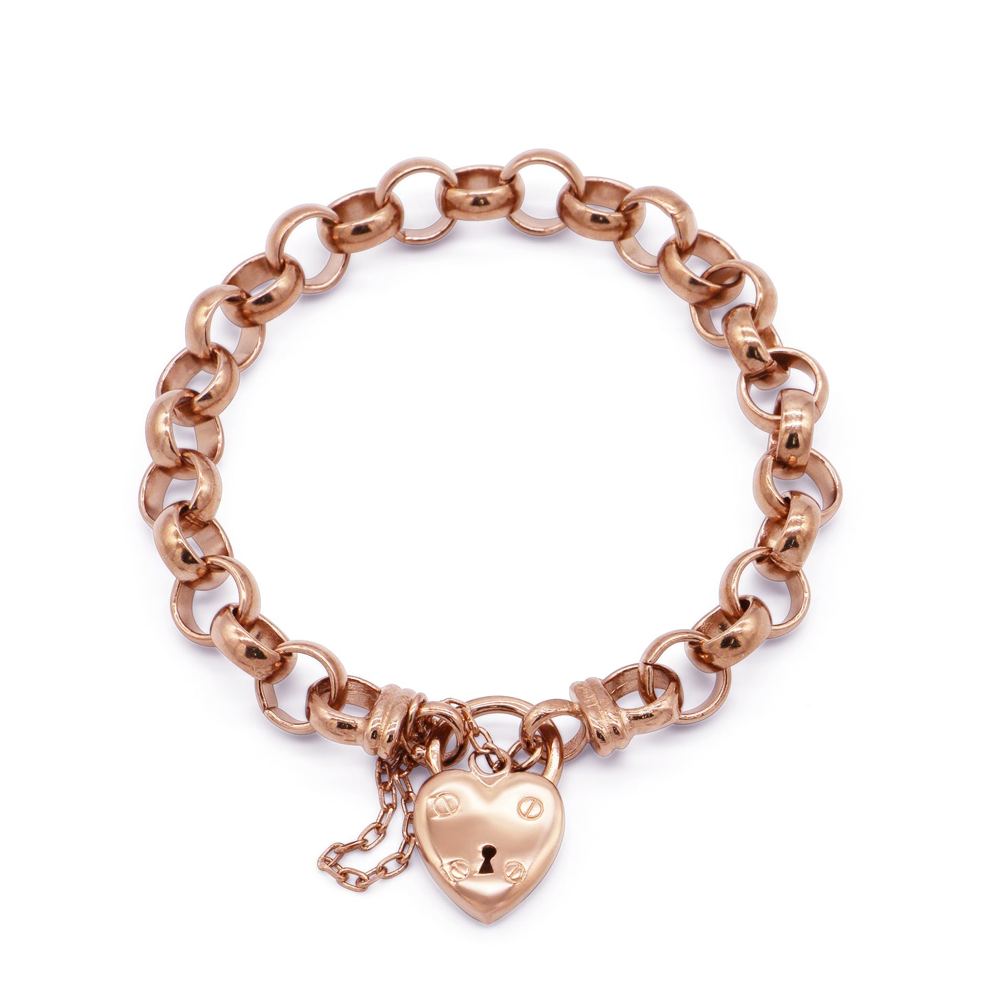 18ct Heavy Rose Gold Plated 10mm Belcher Chain Bracelet with a Plain Heart Locket - USA Made