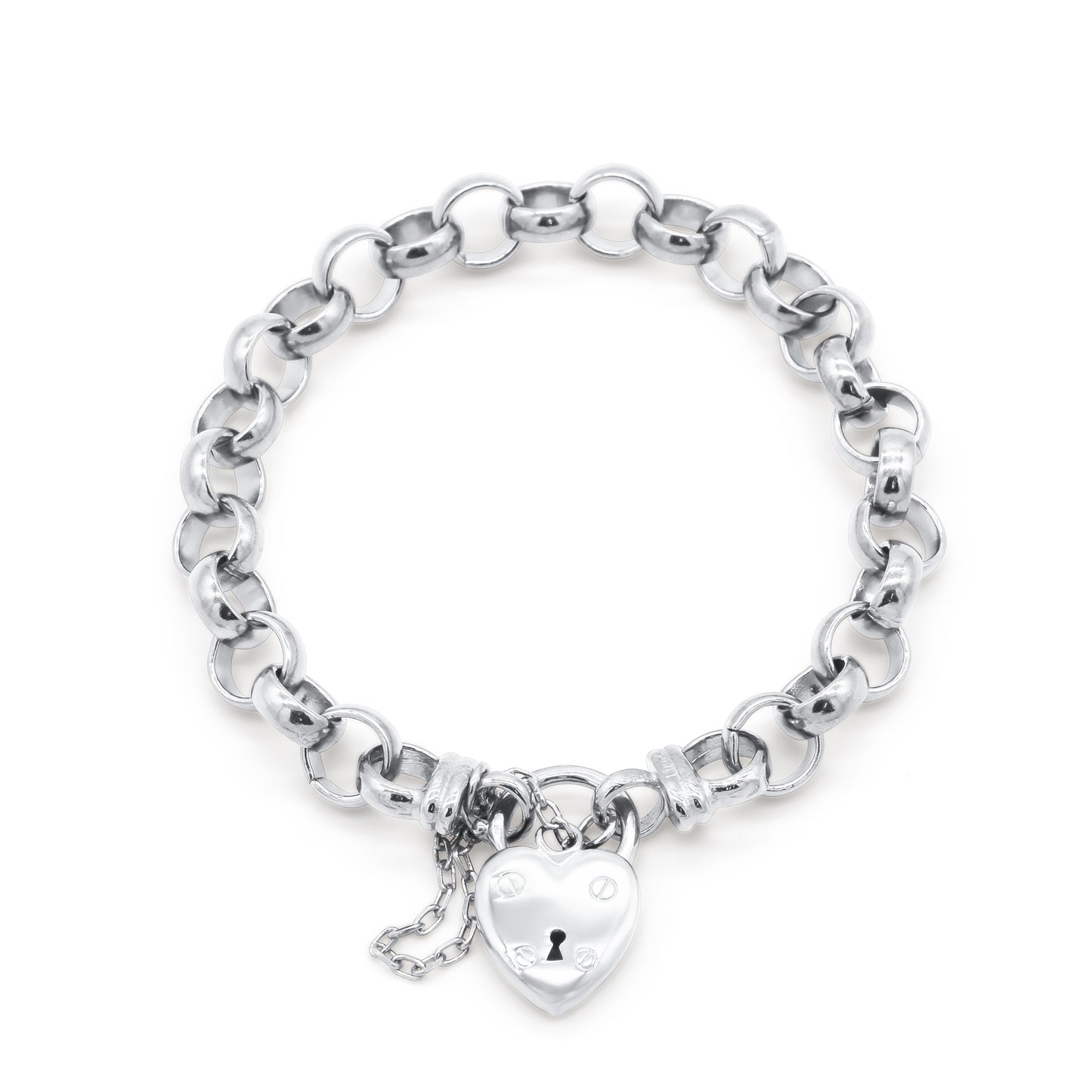 925 Sterling Silver Plated 10mm Belcher Chain Bracelet with a Small Plain Heart Locket - USA Made