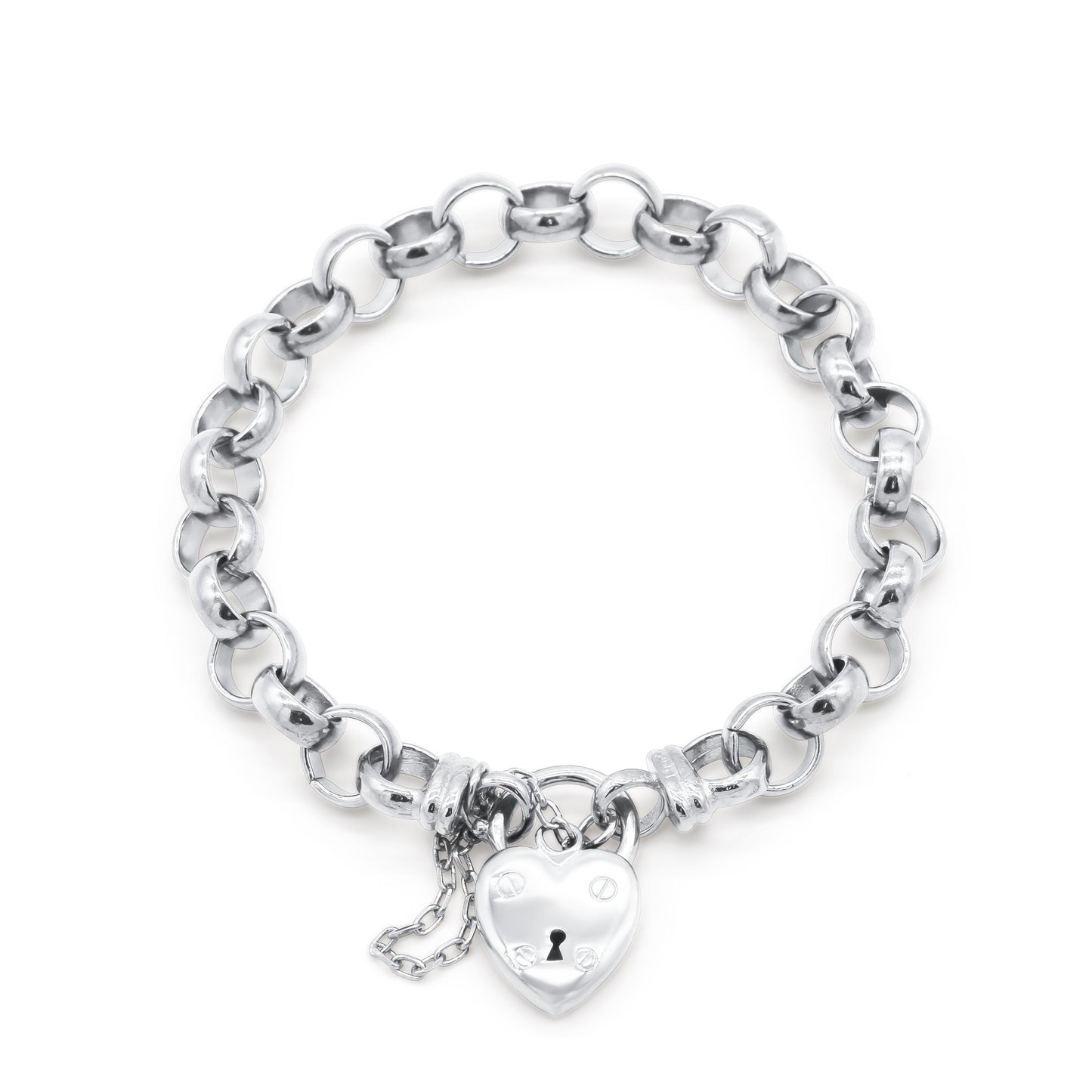 925 Sterling Silver Plated 10mm Belcher Chain Bracelet with a Small Plain Heart Locket - USA Made