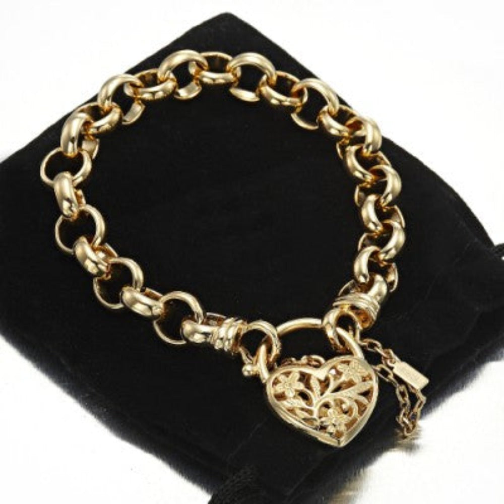 Pulsera Belcher de 10 mm chapada en oro amarillo pesado de 18 quilates con un relicario de filigrana - Fabricada en EE. UU.