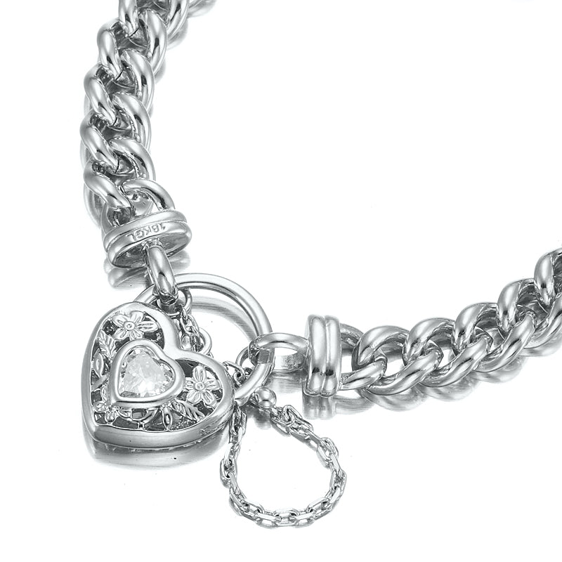 925 Sterling Silver Plated Euro Chain Bracelet with a Filigree Locket Featuring a Simulated Diamond - USA Made
