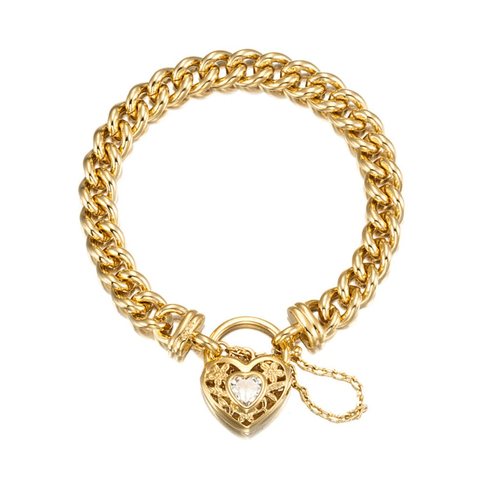 18ct Heavy Yellow Gold Plated Euro Chain Bracelet with a Filigree Locket Featuring a Simulated Diamond - USA Made