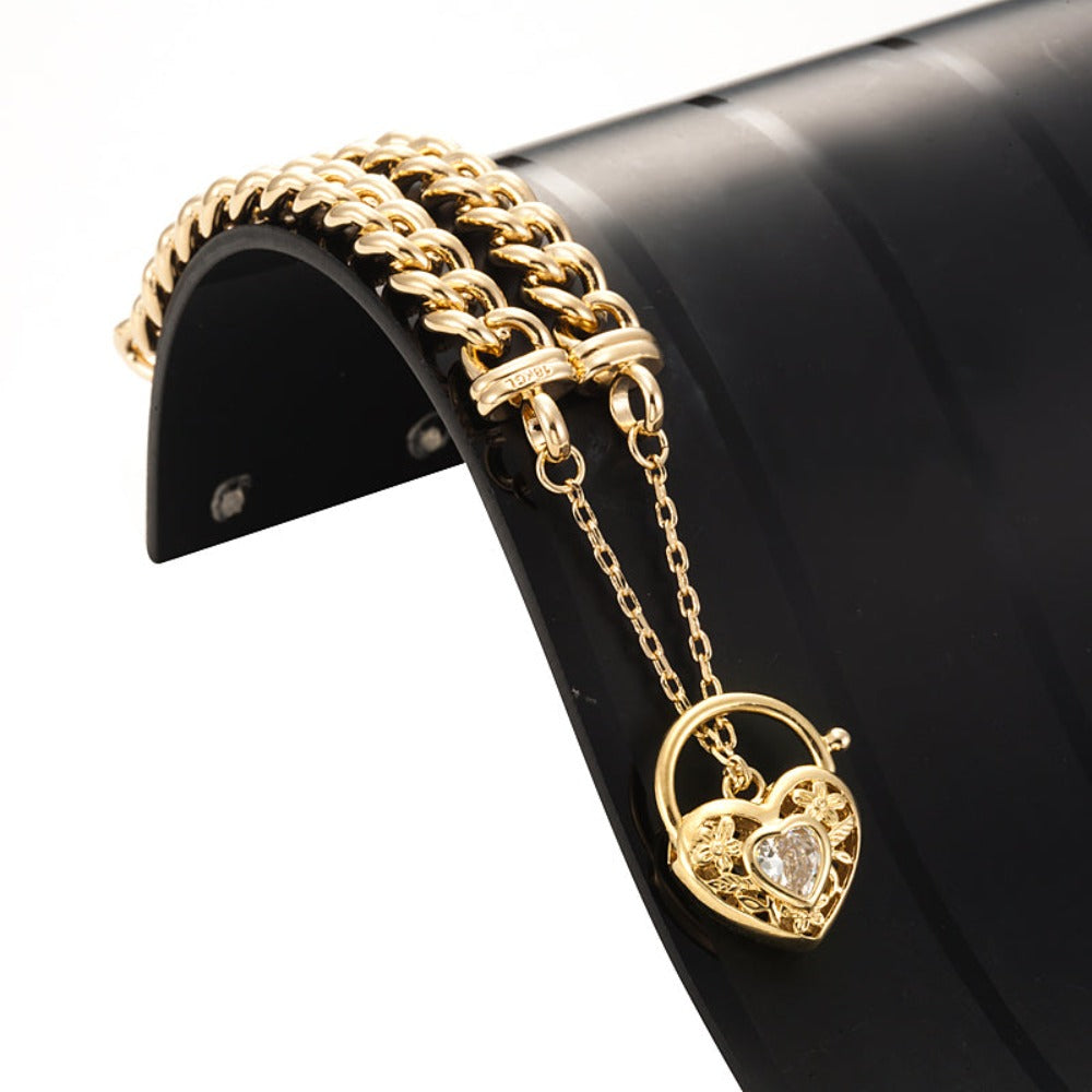18ct Heavy Yellow Gold Plated Euro Chain Bracelet with a Filigree Locket Featuring a Simulated Diamond - USA Made
