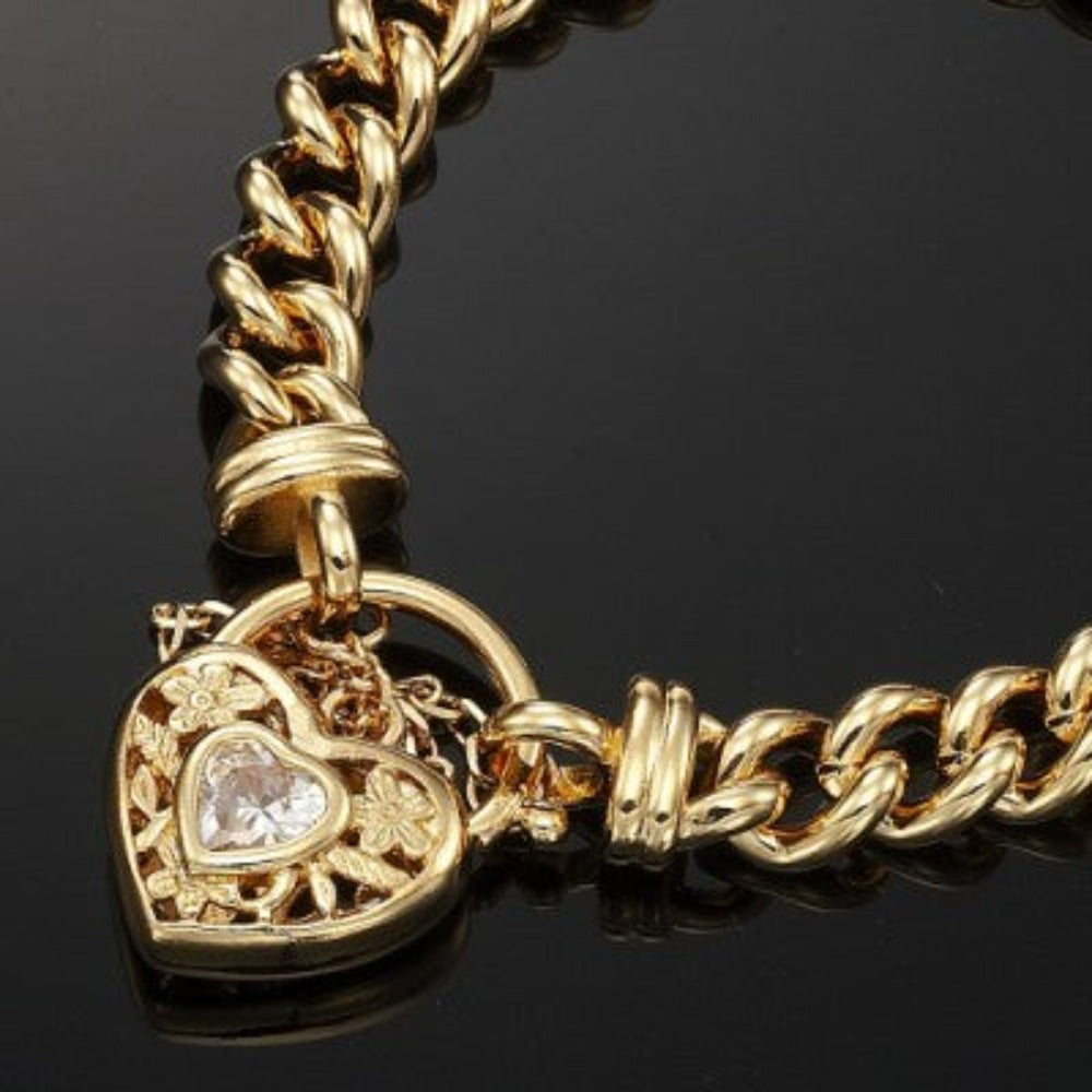 18ct Heavy Yellow Gold Plated Euro Chain Bracelet with a Filigree Locket Featuring a Simulated Diamond - USA Made