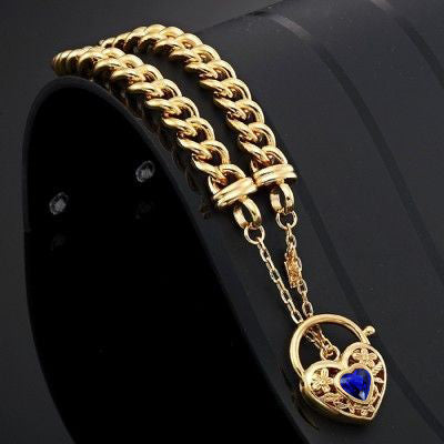 18ct Heavy Yellow Gold Plated Euro Chain Bracelet with a Dark Blue Filigree Locket - USA Made