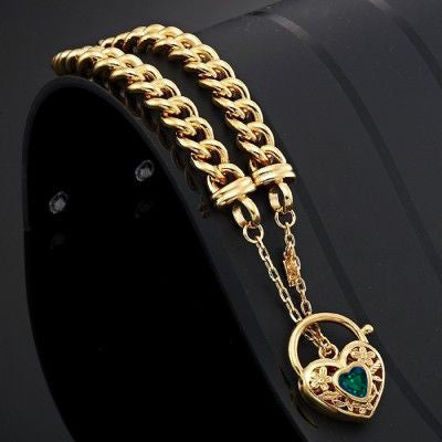 18ct Heavy Yellow Gold Plated Euro Chain Bracelet with a Green Filigree Locket - USA Made