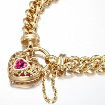 18ct Heavy Yellow Gold Plated Euro Chain Bracelet with a Pink Filigree Locket - USA Made