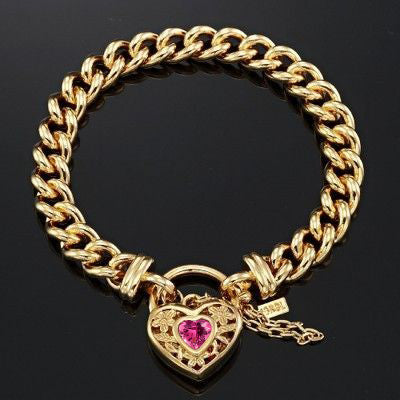 18ct Heavy Yellow Gold Plated Euro Chain Bracelet with a Pink Filigree Locket - USA Made