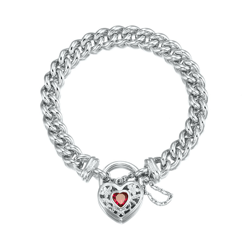 925 Sterling Silver Plated 8mm Euro Chain Bracelet with a Filigree Locket Featuring a Simulated Ruby - USA Made