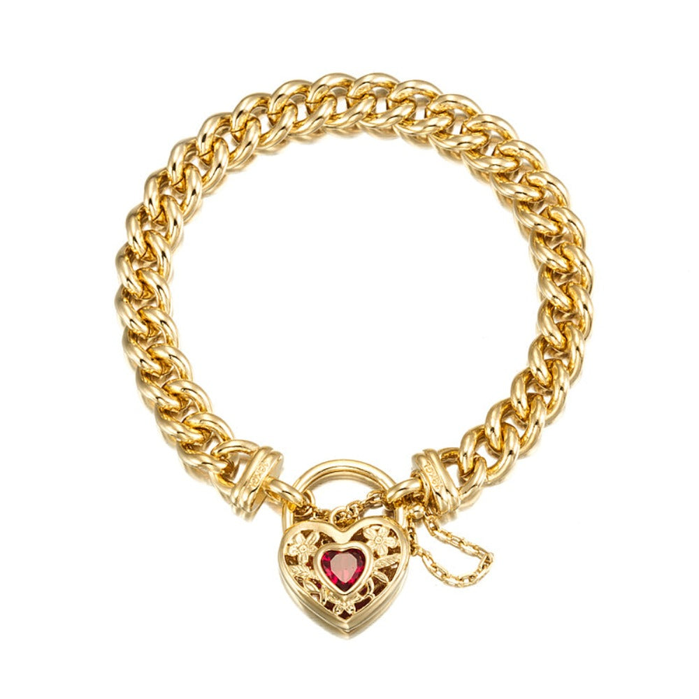 18ct Heavy Yellow Gold Plated Euro Chain Bracelet with a Filigree Locket Featuring a Simulated Ruby - USA Made
