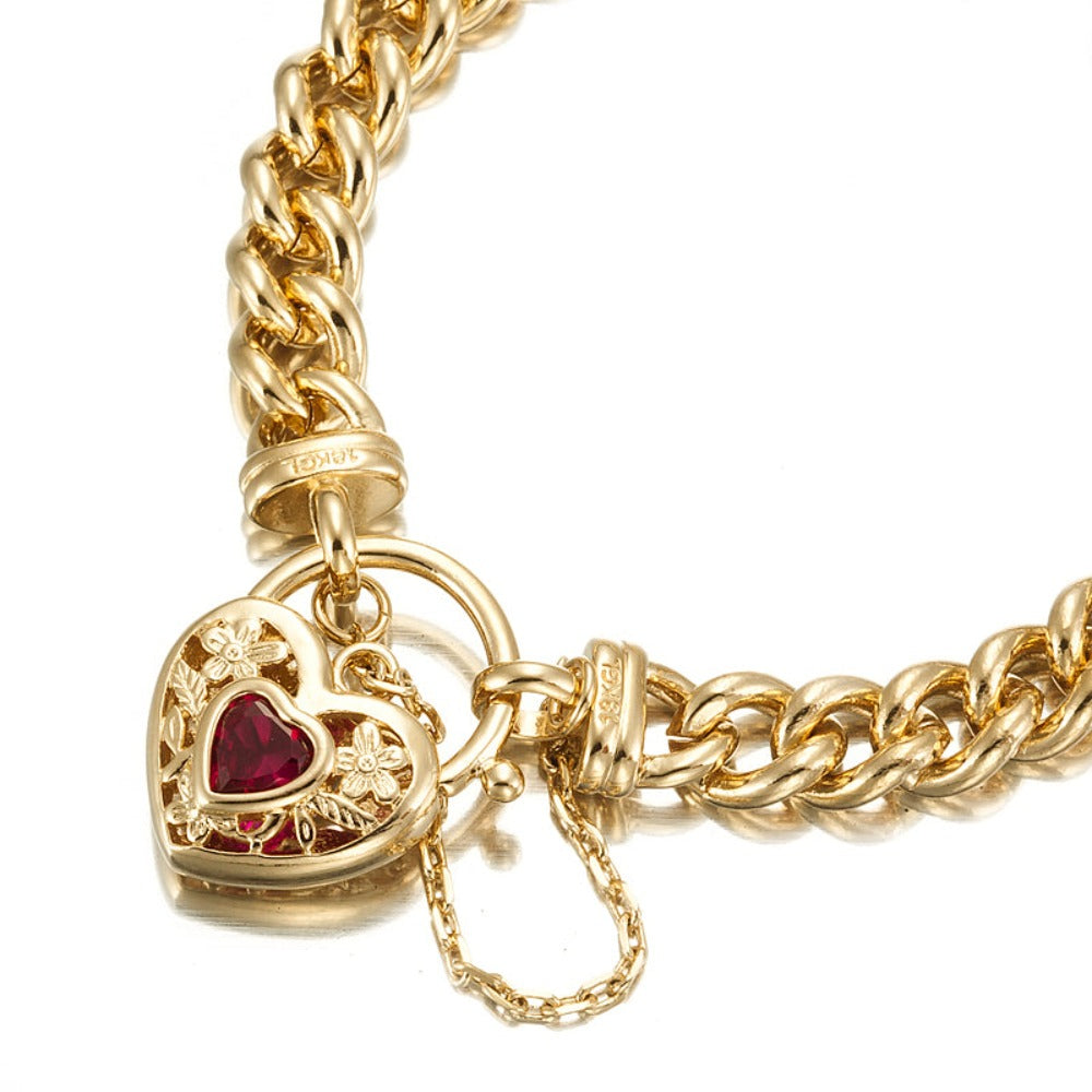 18ct Heavy Yellow Gold Plated Euro Chain Bracelet with a Filigree Locket Featuring a Simulated Ruby - USA Made