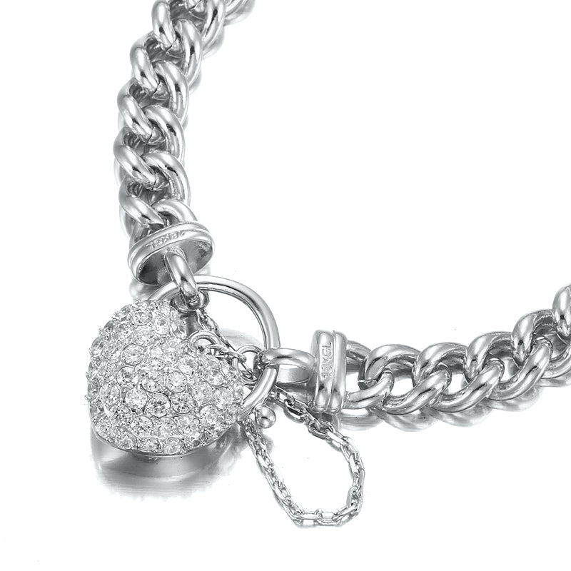 925 Sterling Silver Plated 8mm Euro Chain Bracelet Featuring a Simulated Diamond Locket - USA Made