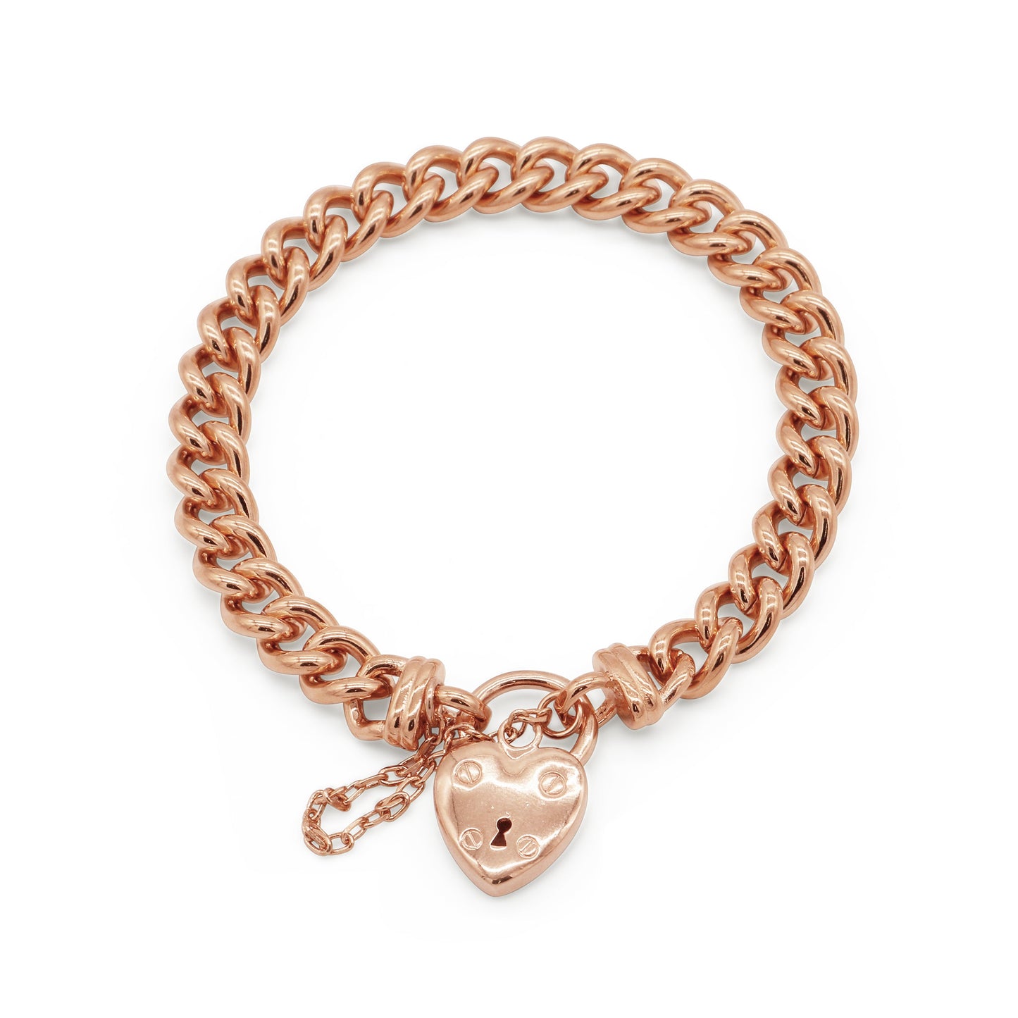18ct Heavy Rose Gold Plated 8mm Euro Chain Bracelet with a Small Plain Heart Locket - USA Made