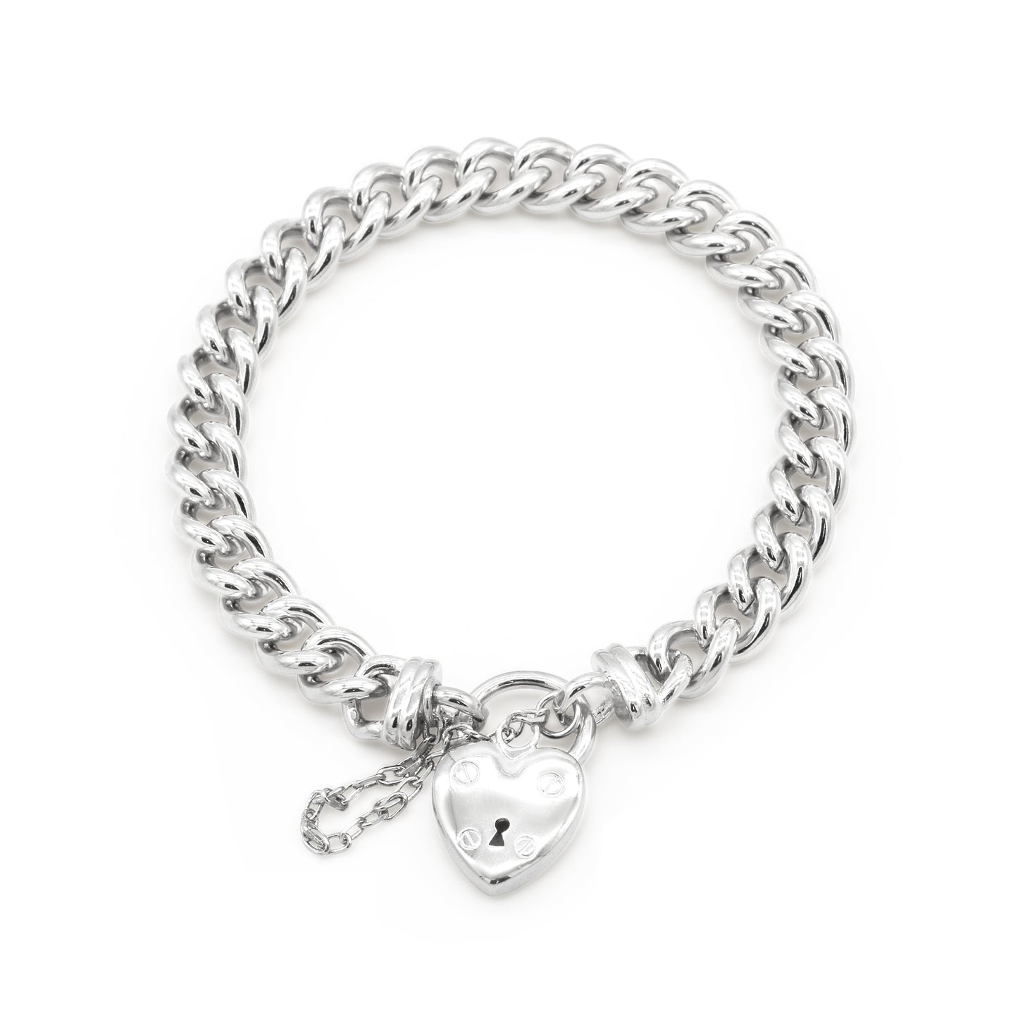 925 Sterling Silver Plated 8mm Euro Chain Bracelet with a Small Plain Heart Locket - USA Made