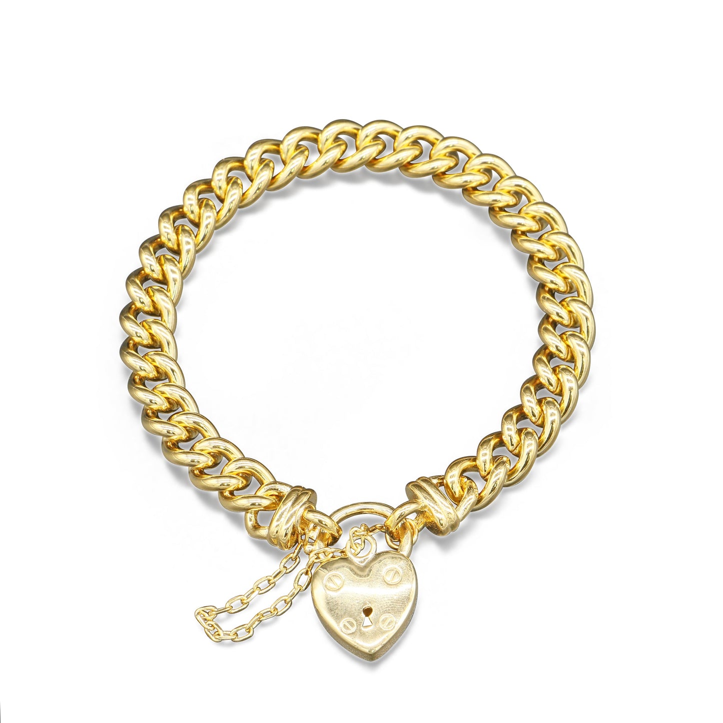 18ct Heavy Yellow Gold Plated 8mm Euro Chain Bracelet with a Small Plain Heart Locket - USA Made