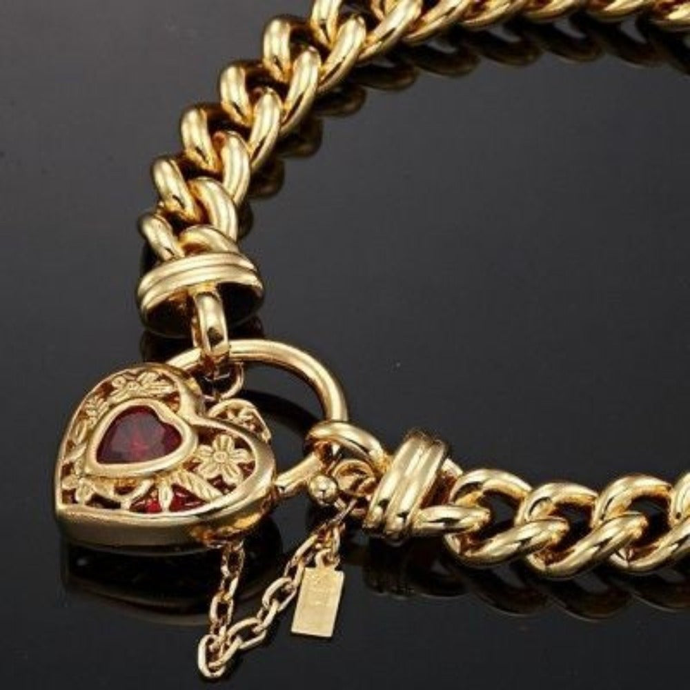 18ct Heavy Yellow Gold Plated Euro Chain Bracelet with a Filigree Locket Featuring a Simulated Ruby - USA Made