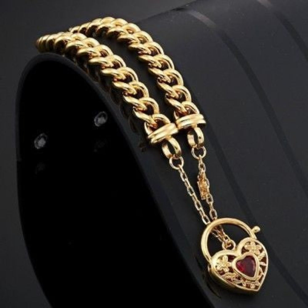 18ct Heavy Yellow Gold Plated Euro Chain Bracelet with a Filigree Locket Featuring a Simulated Ruby - USA Made