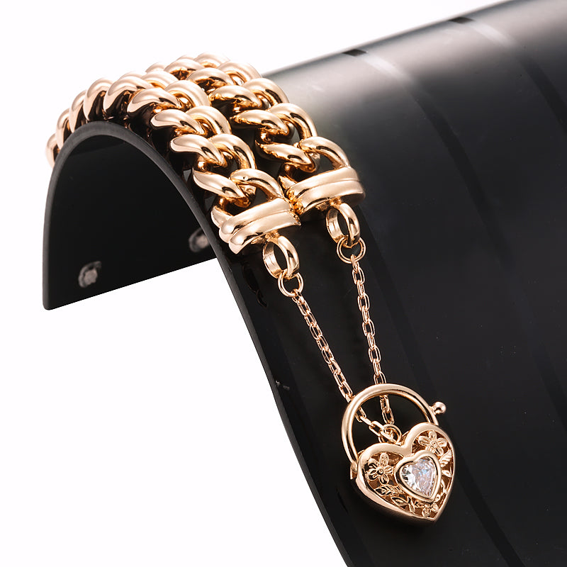 18ct Heavy Rose Gold Plated 12mm Euro Curb Chain Bracelet with a Filigree Locket Featuring a Simulated Diamond - USA Made