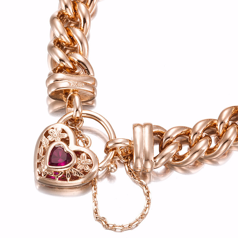 18ct Heavy Rose Gold Plated 12mm Euro Curb Chain Bracelet with a Filigree Locket Featuring a Simulated Ruby - USA Made
