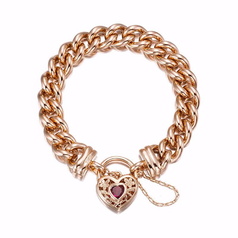 18ct Heavy Rose Gold Plated 12mm Euro Curb Chain Bracelet with a Filigree Locket Featuring a Simulated Ruby - USA Made