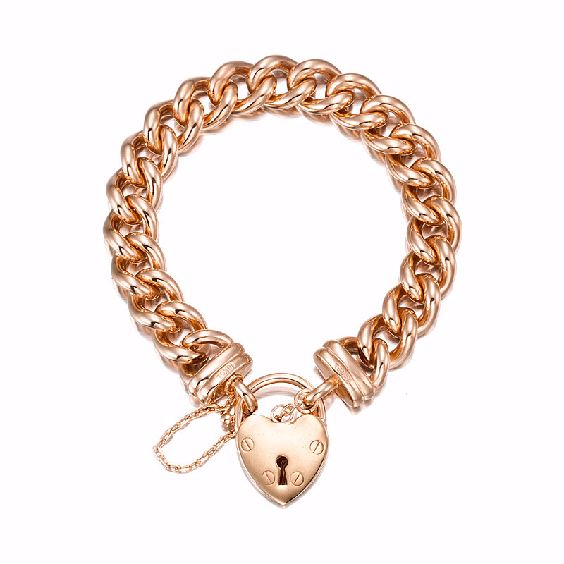 18ct Heavy Rose Gold Plated 12mm Euro Curb Chain Bracelet Featuring a Plain Locket - USA Made