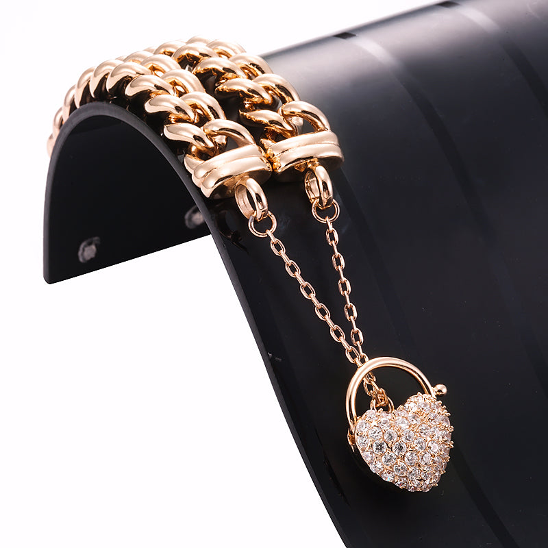 18ct Heavy Rose Gold Plated 12mm Euro Curb Chain Bracelet Featuring a Simulated Diamond Locket - USA Made