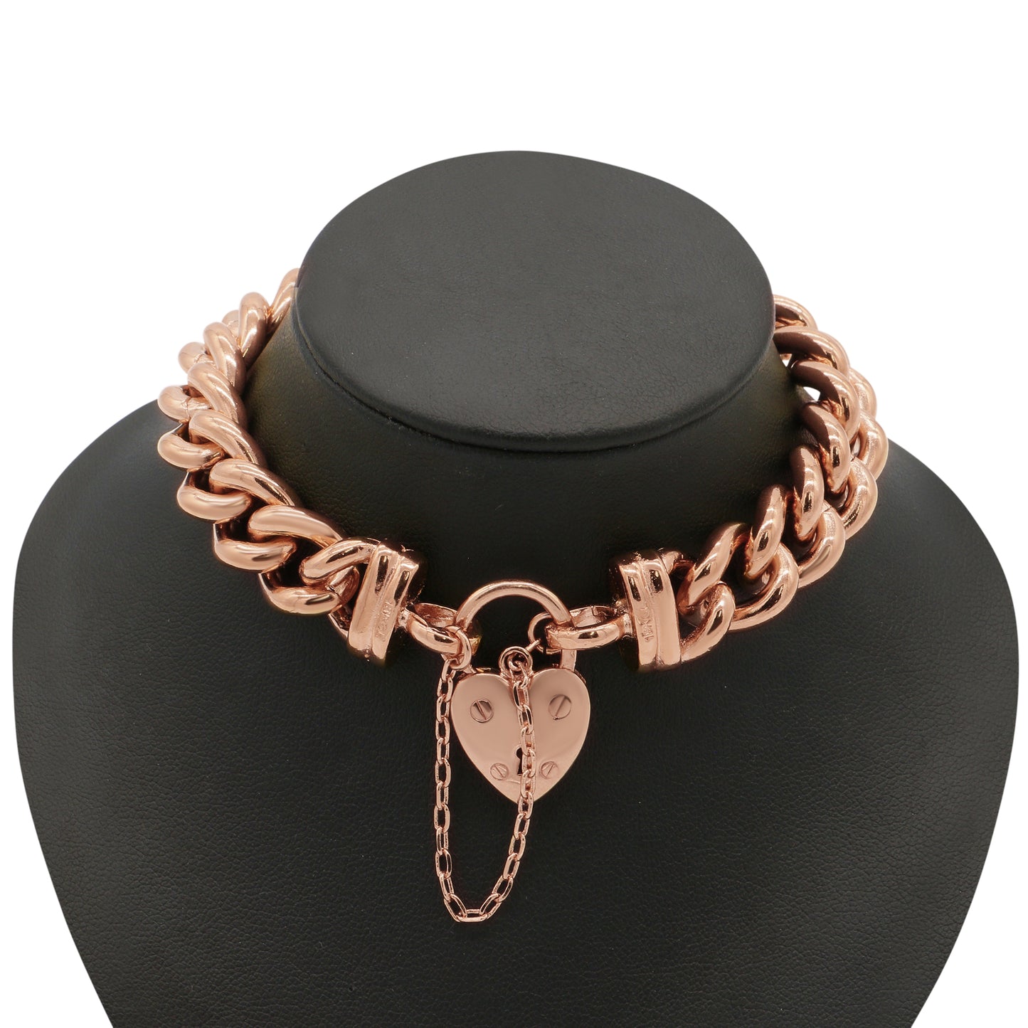 18ct Heavy Rose Gold Plated 12mm Euro Curb Chain Bracelet with a Small Plain Heart Locket - USA Made