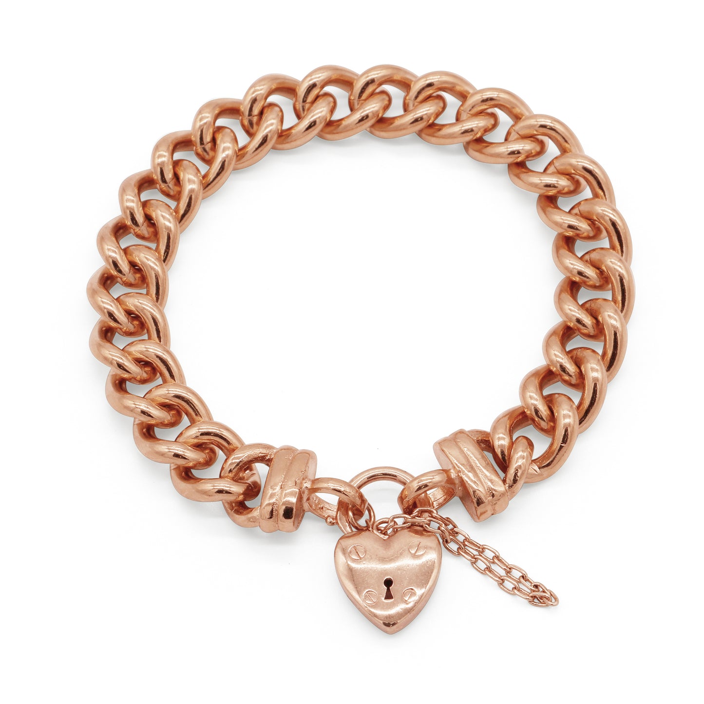 18ct Heavy Rose Gold Plated 12mm Euro Curb Chain Bracelet with a Small Plain Heart Locket - USA Made