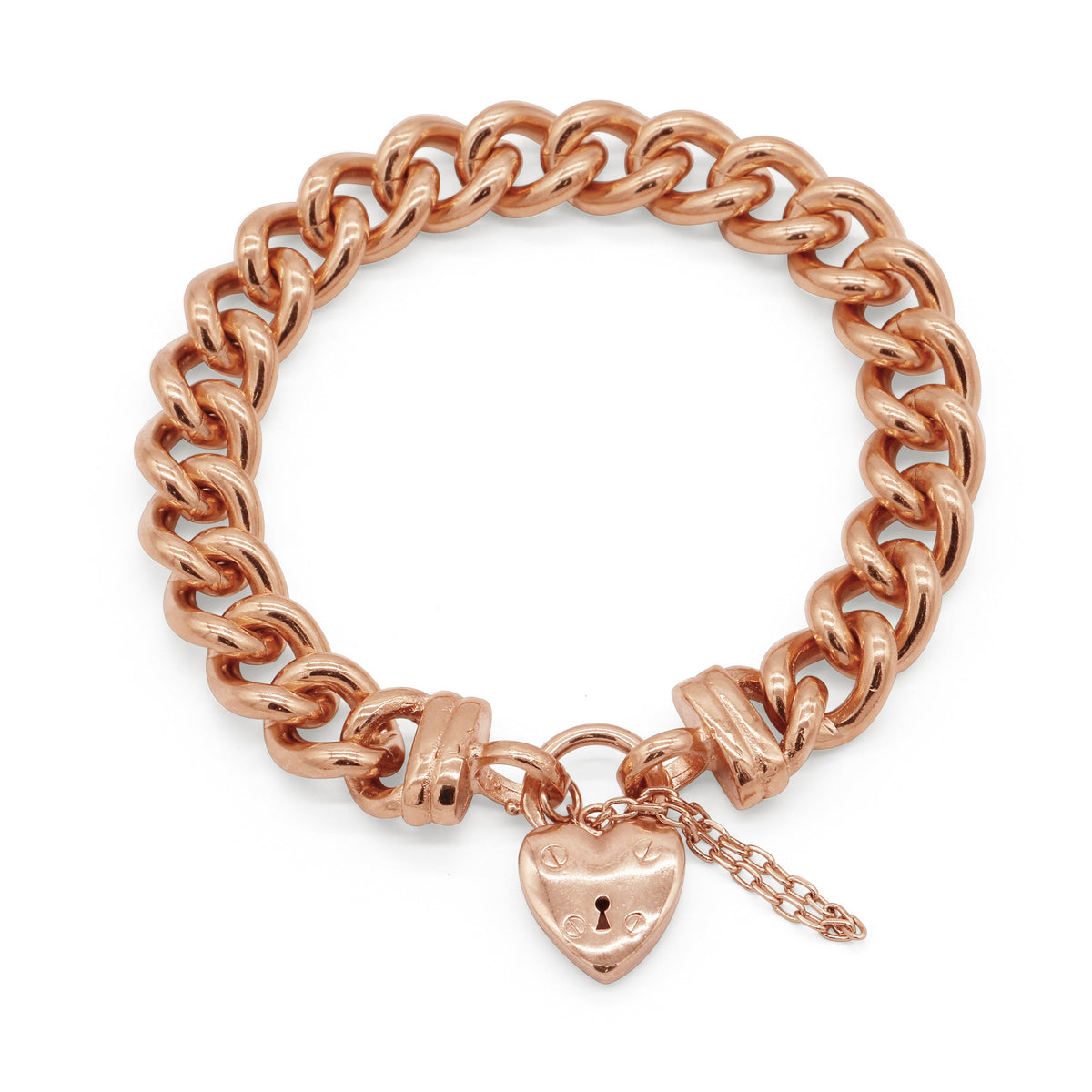 18ct Heavy Rose Gold Plated 12mm Euro Curb Chain Bracelet with a Small Plain Heart Locket - USA Made