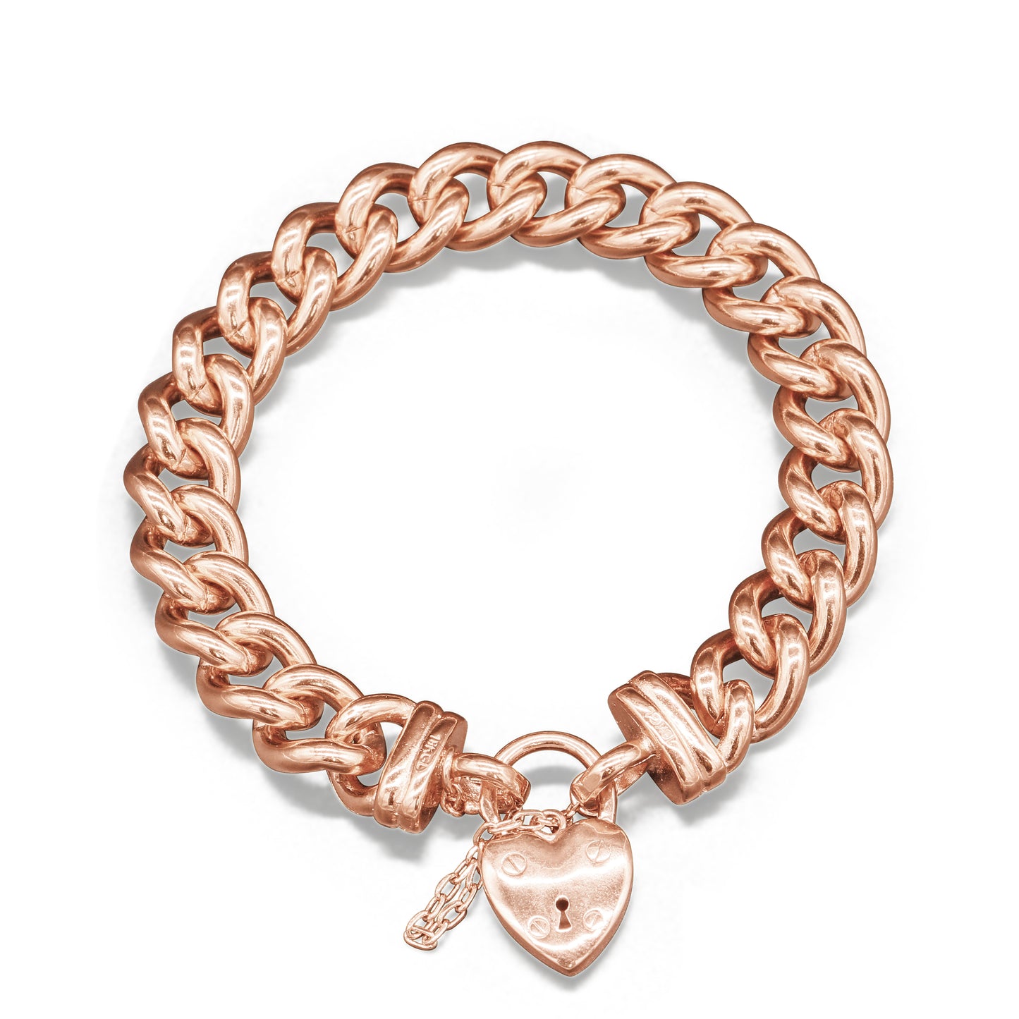 18ct Heavy Rose Gold Plated 12mm Euro Curb Chain Bracelet with a Small Plain Heart Locket - USA Made