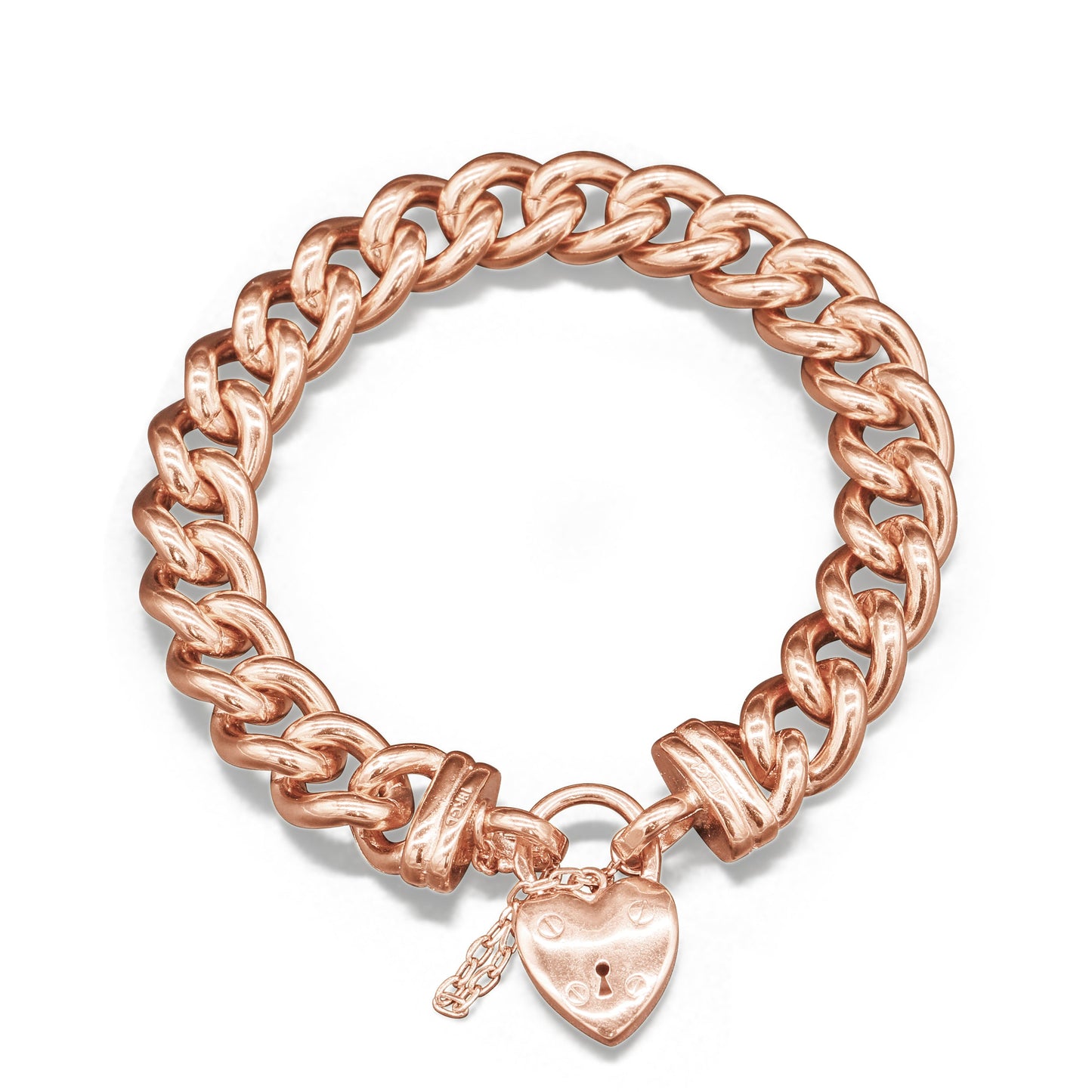 18ct Heavy Rose Gold Plated 12mm Euro Curb Chain Bracelet with a Small Plain Heart Locket - USA Made