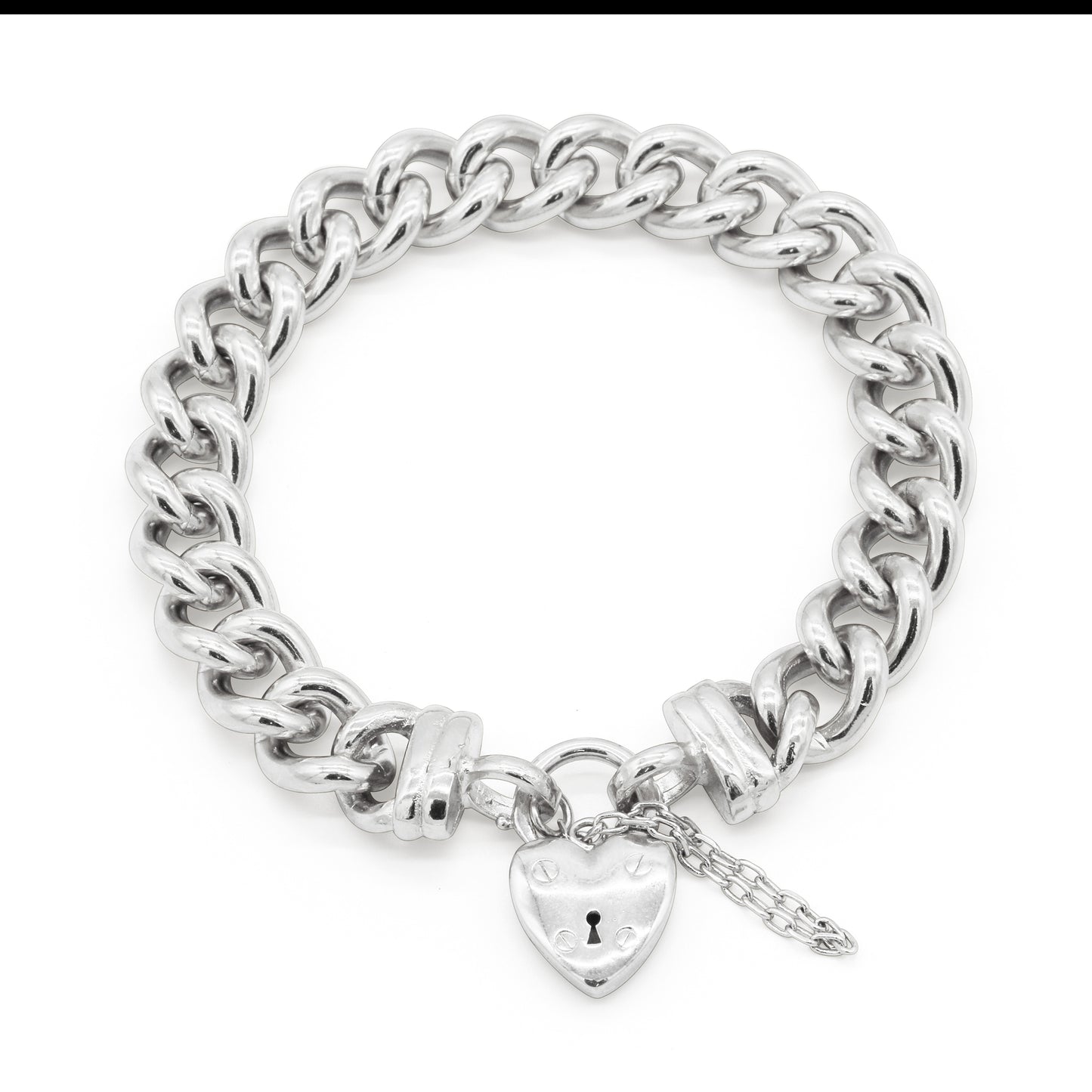 925 Sterling Silver Plated 12mm Euro Curb Chain Bracelet with a Small Plain Heart Locket - USA Made