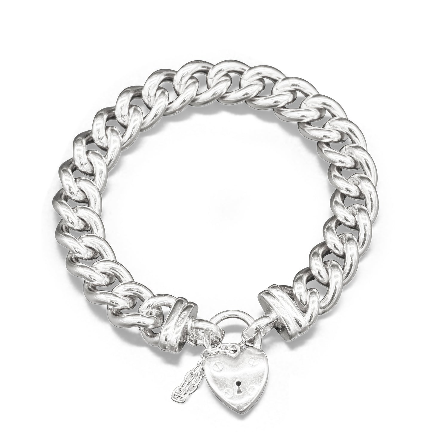 925 Sterling Silver Plated 12mm Euro Curb Chain Bracelet with a Small Plain Heart Locket - USA Made