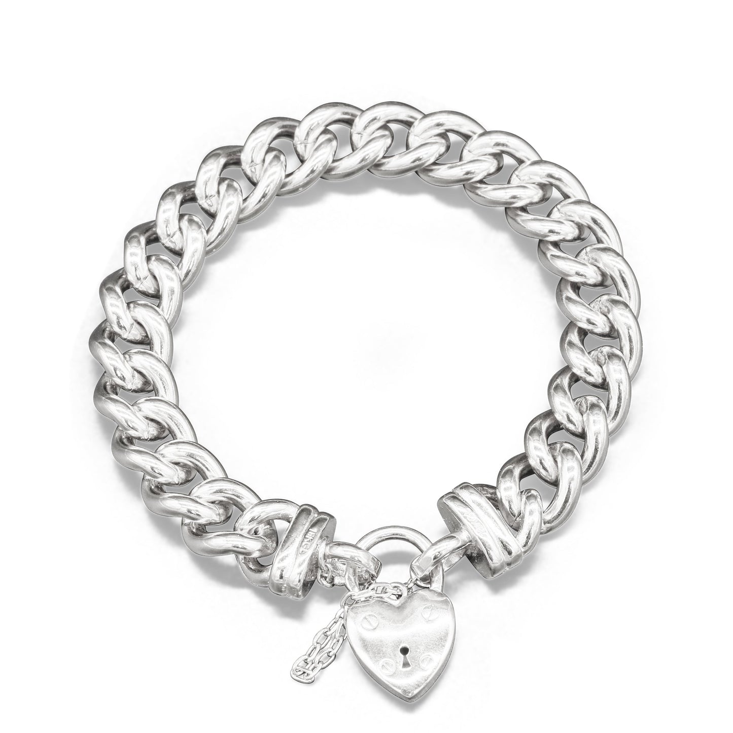 925 Sterling Silver Plated 12mm Euro Curb Chain Bracelet with a Small Plain Heart Locket - USA Made
